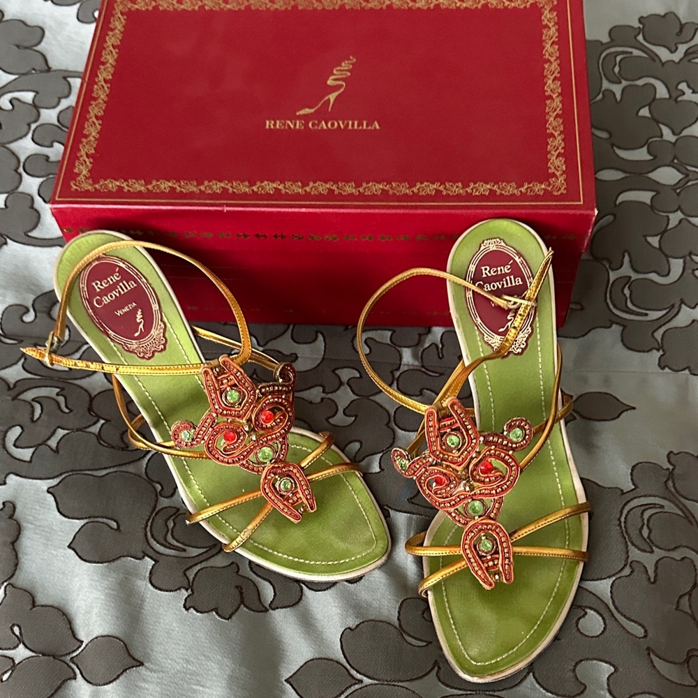 Rene Caovilla Vibrant Green and Orange Sandals